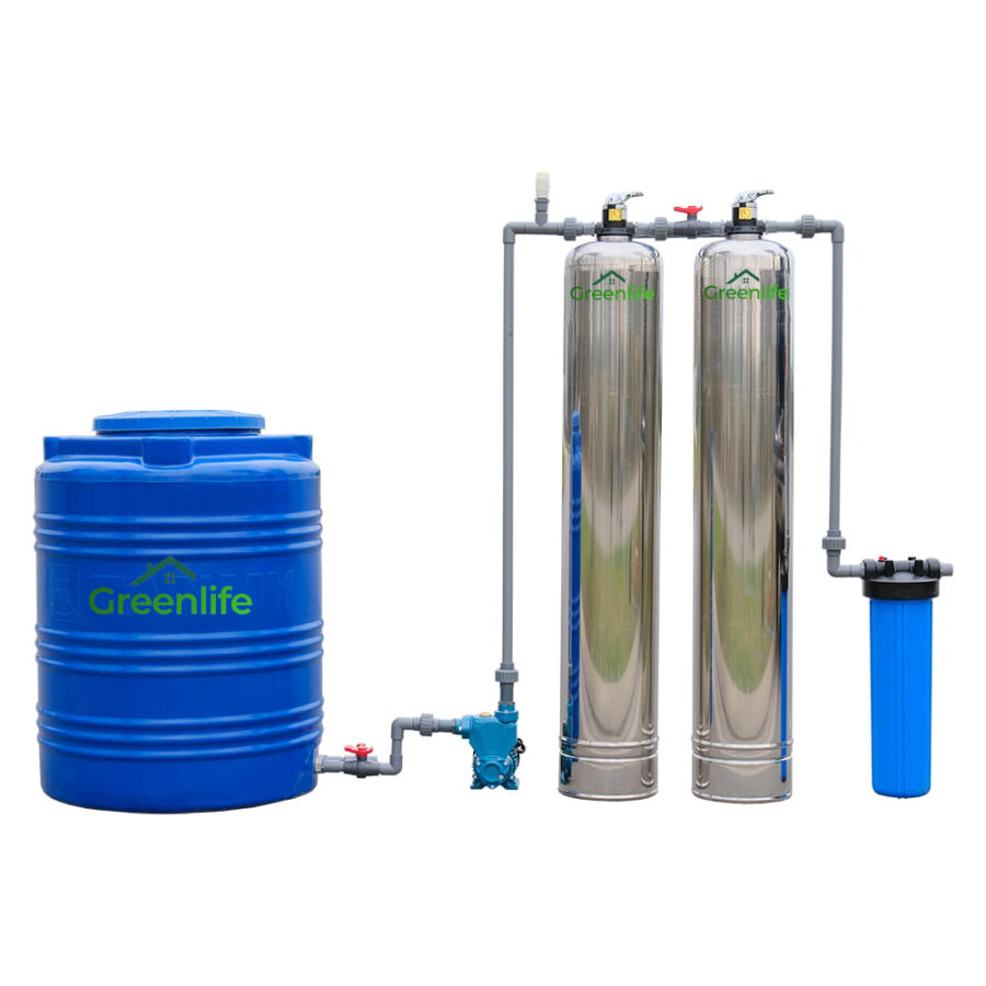 Lọc nước giếng 3 cấp lọc, van cơ, cột lọc Inox